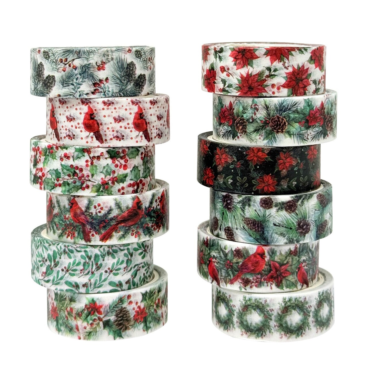 Wrapables Christmas Holiday Washi Tape for Scrapbooking, Stationery, Diary, Card Making 12pcs, Festive Foliage